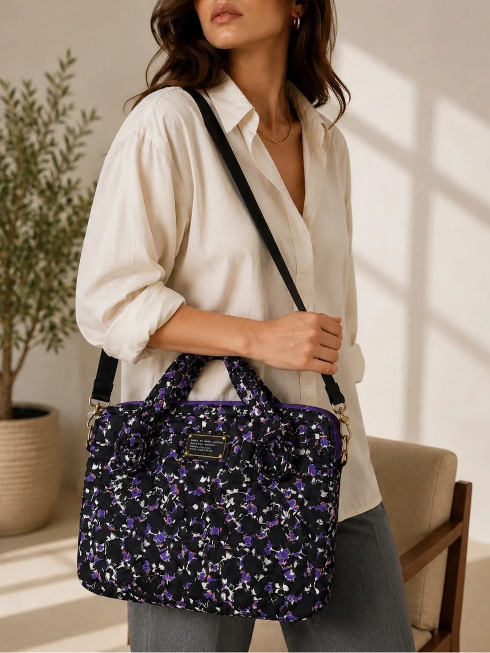 Marc by Marc Jacobs Standard Supply Workwear Floral Laptop Bag Tote Black Purple